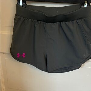 216 Under Armour Girls Athletic Shorts in Dark Gray with Pink Logo